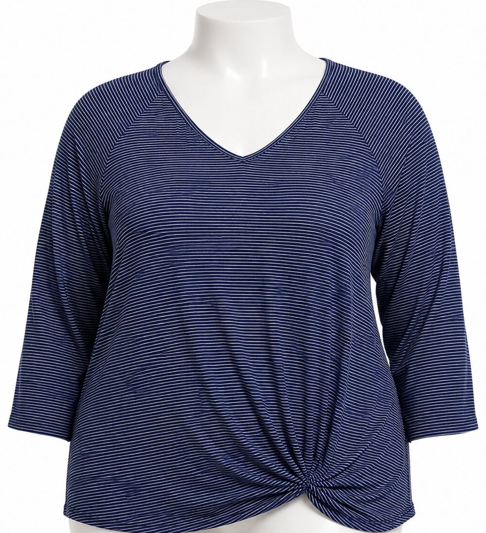 Gibson Top Womens 1X Blue White Striped V Neck Twist Front Hem 3/4 Sleeve
